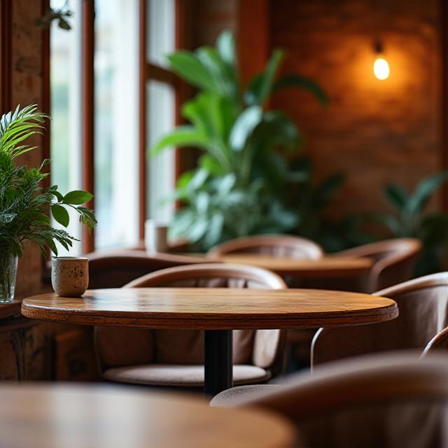 Detalle de mesas de madera rústica y sillas cómodas en el interior de Oroboros Café